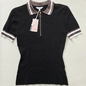 Candie's Front Zip Bodycon Short Sleeve Top with Collar, Black, Medium